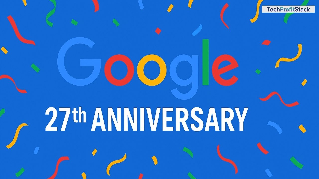 Google 27th Anniversary celebration in vibrant digital artwork showcasing Google logo, doodle history, cultural influence, and branding strategy