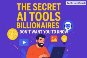 The Secret AI Tools Billionaires Don’t Want You To Know – vibrant high-definition 16:9 blog banner with AI icons, innovation, and man using laptop.