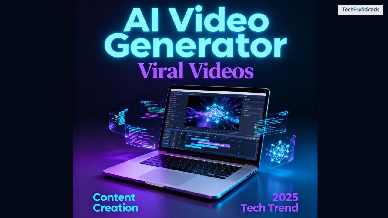 Vibrant AI video generator blog banner with neon digital art and key SEO phrases for content creation and viral videos.