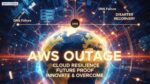 A vibrant, futuristic graphic showing the planet Earth centered within a blue and orange digital network grid, with the bold title AWS Outage prominently displayed. Neon labels point to DNS Failure and DISASTER RECOVERY, emphasizing the urgent need for Cloud Resilience and Future Proof strategies to Innovate & Overcome major cloud disruptions.