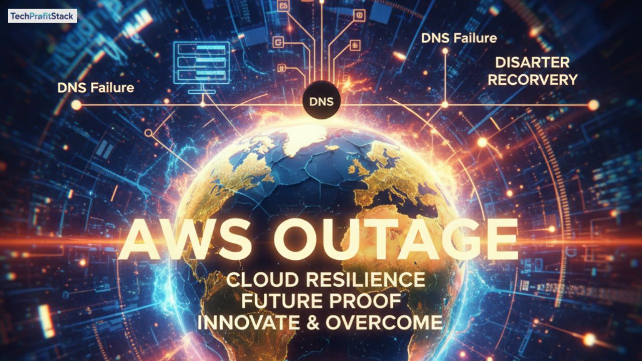 A vibrant, futuristic graphic showing the planet Earth centered within a blue and orange digital network grid, with the bold title AWS Outage prominently displayed. Neon labels point to DNS Failure and DISASTER RECOVERY, emphasizing the urgent need for Cloud Resilience and Future Proof strategies to Innovate & Overcome major cloud disruptions.