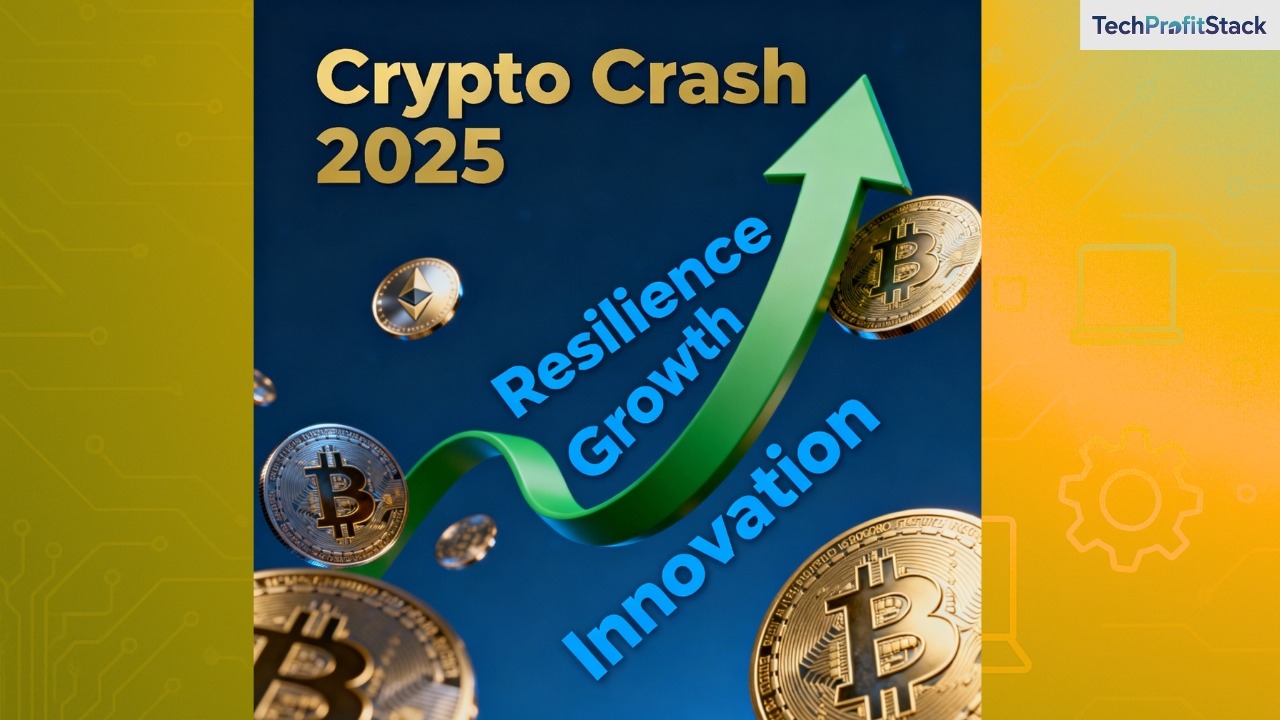 Crypto Crash 2025 with digital coins, upward growth arrows, and innovation theme