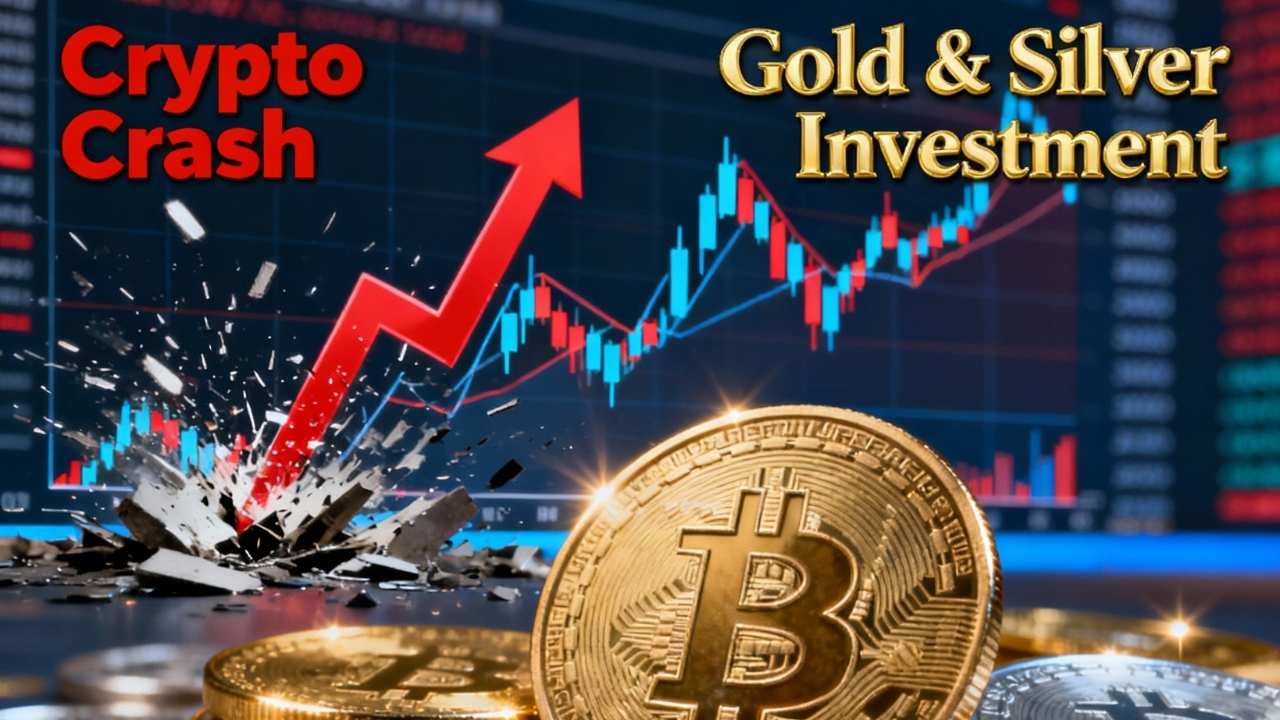 Gold and silver coins with cryptocurrency crash graph depicting 2025 investment trends and market surge