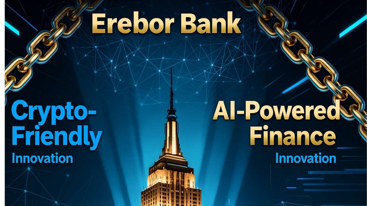 Vibrant futuristic image of Erebor Bank representing AI-powered, crypto-friendly digital banking innovation in the USA