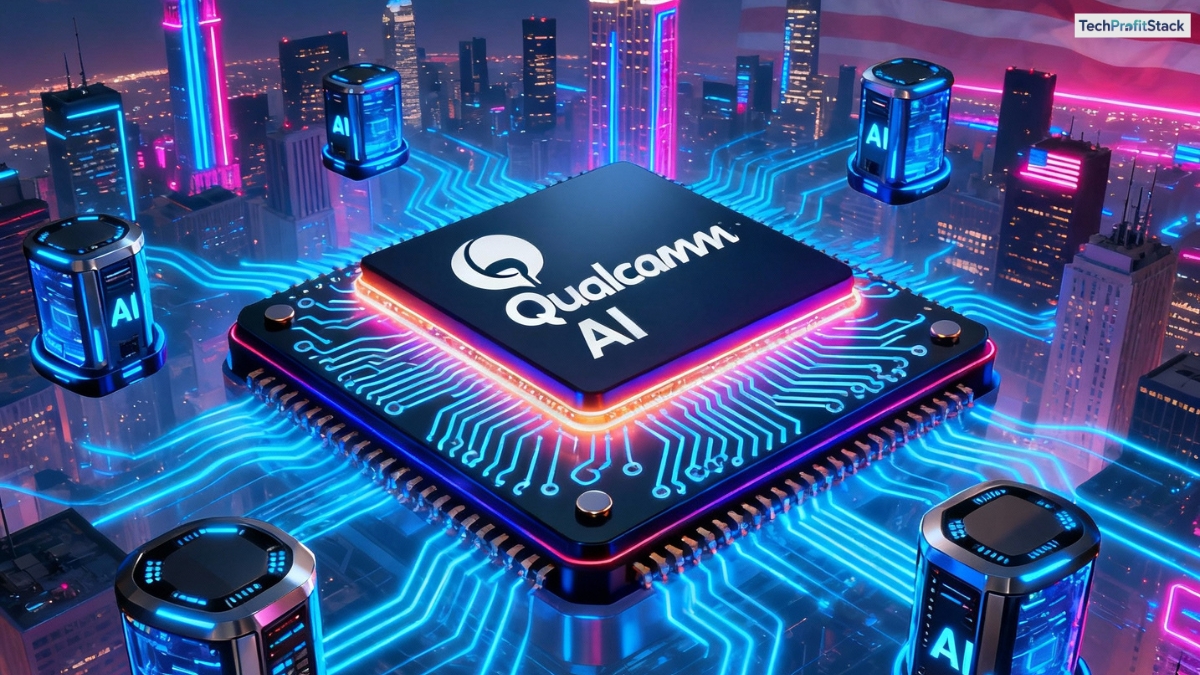 Qualcomm AI accelerator chip on vibrant American tech background, data center, USA skyline