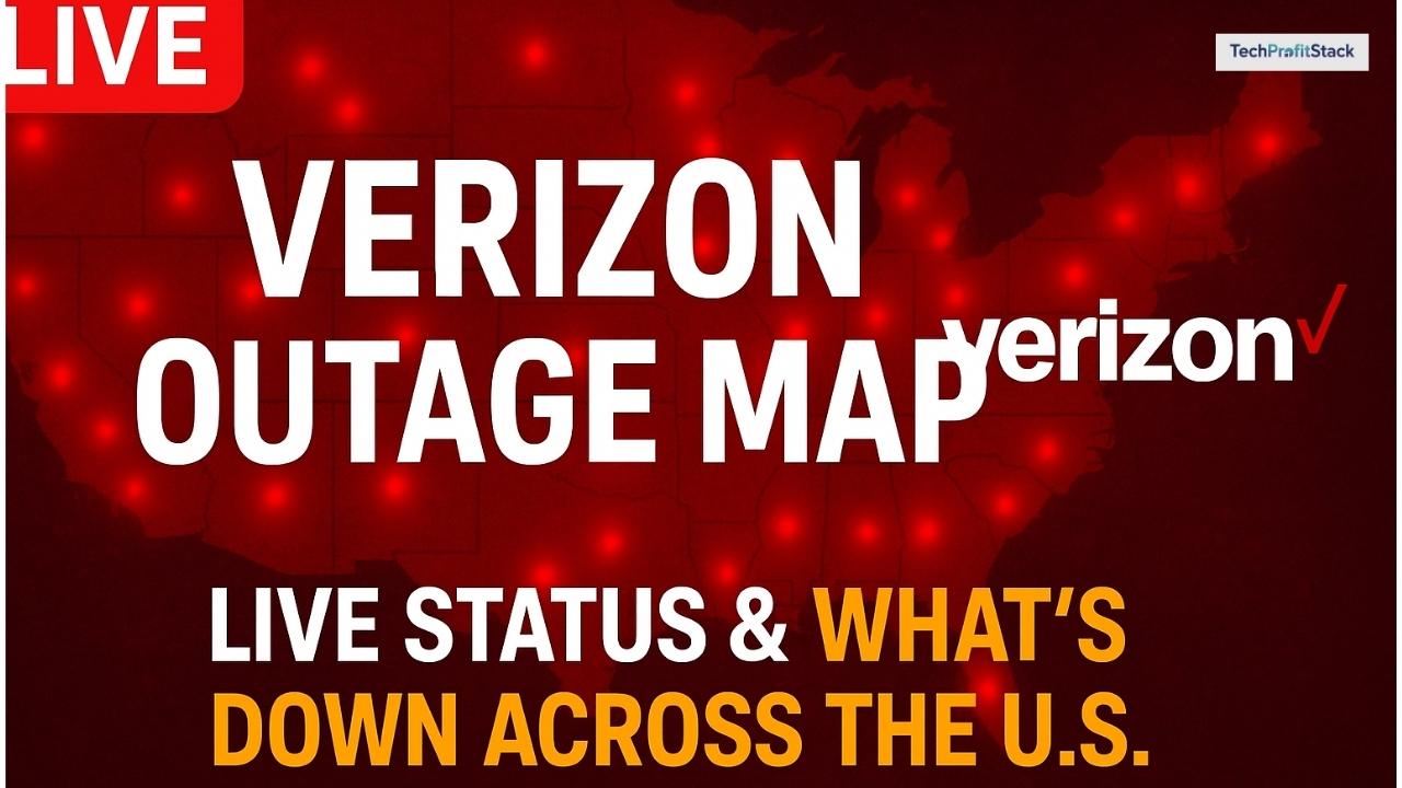 Verizon Outage Map showing live service disruptions and internet issues across the United States — real-time status update by Tech Profit Stack.