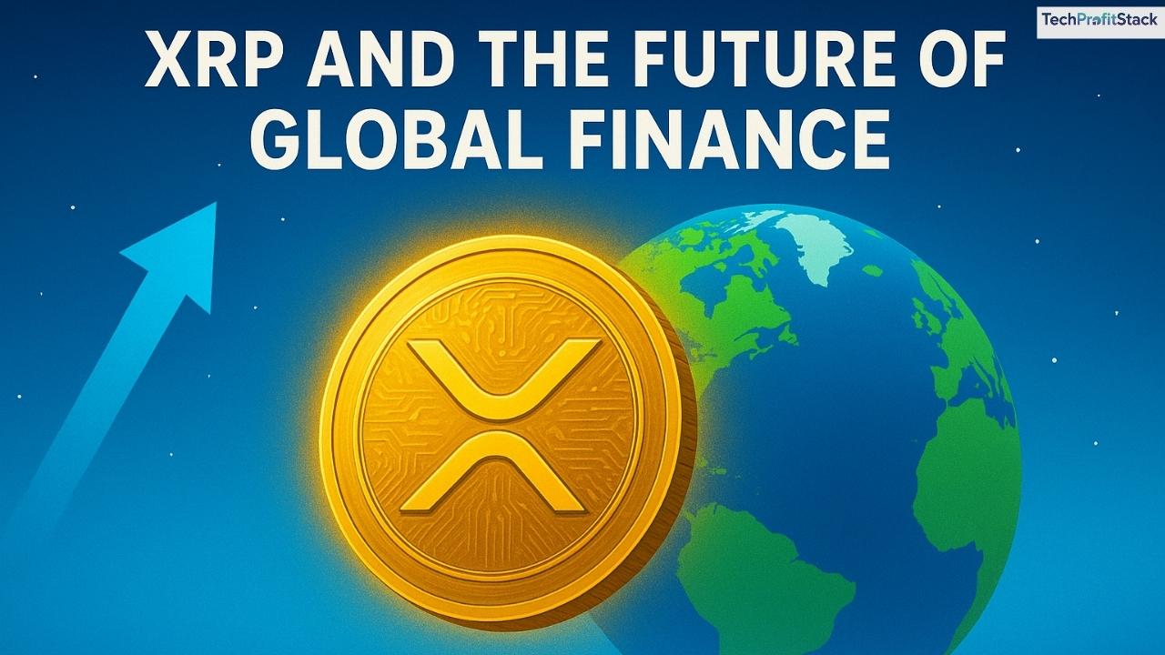 XRP cryptocurrency future in global finance with golden XRP coin, Earth, and upward arrow symbolizing growth and innovation.