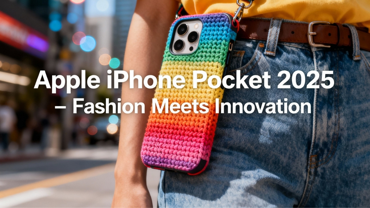 Vibrant Apple iPhone Pocket accessory on colorful iPhone with sleek knitted texture worn crossbody against a modern urban backdrop