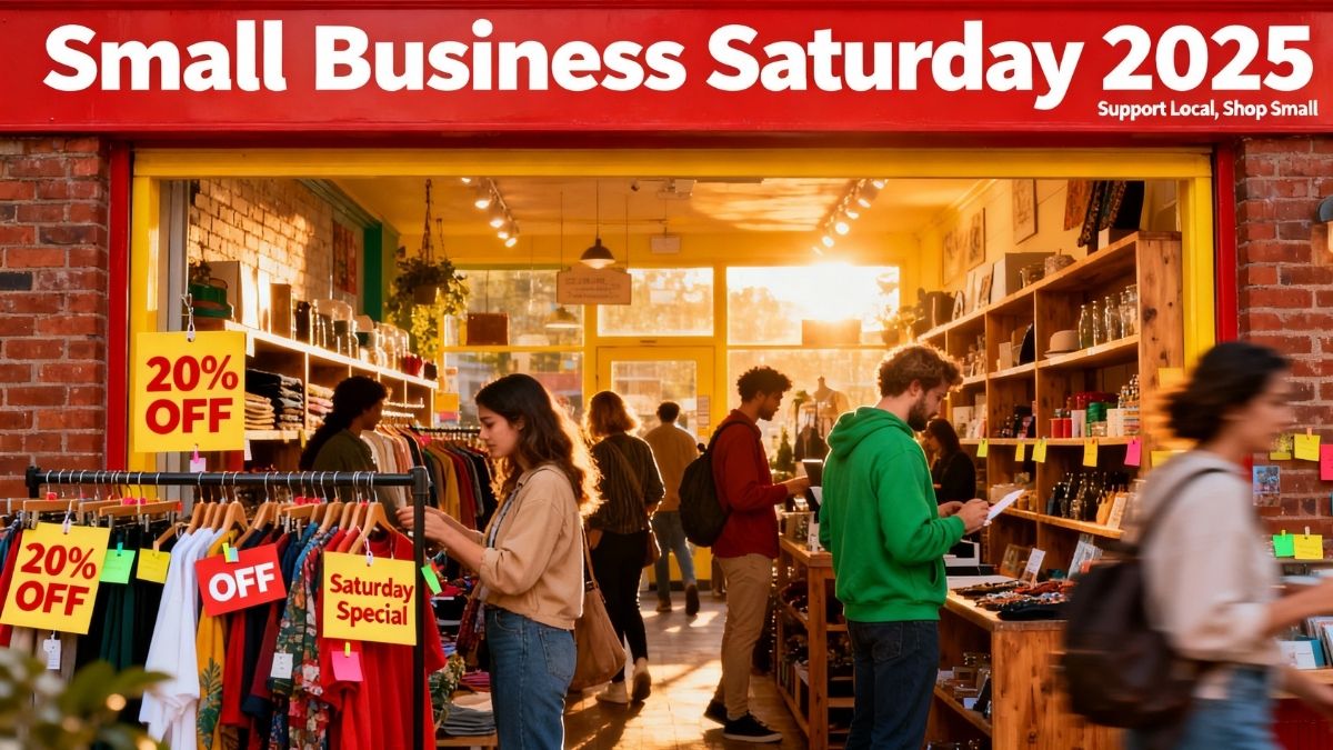 Small Business Saturday 2025 shoppers supporting a busy local store with big sale offers and happy small business owners