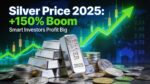Silver price 2025 chart showing over 150% rally with shiny silver bars and coins, symbolizing investors profiting from the record silver boom.