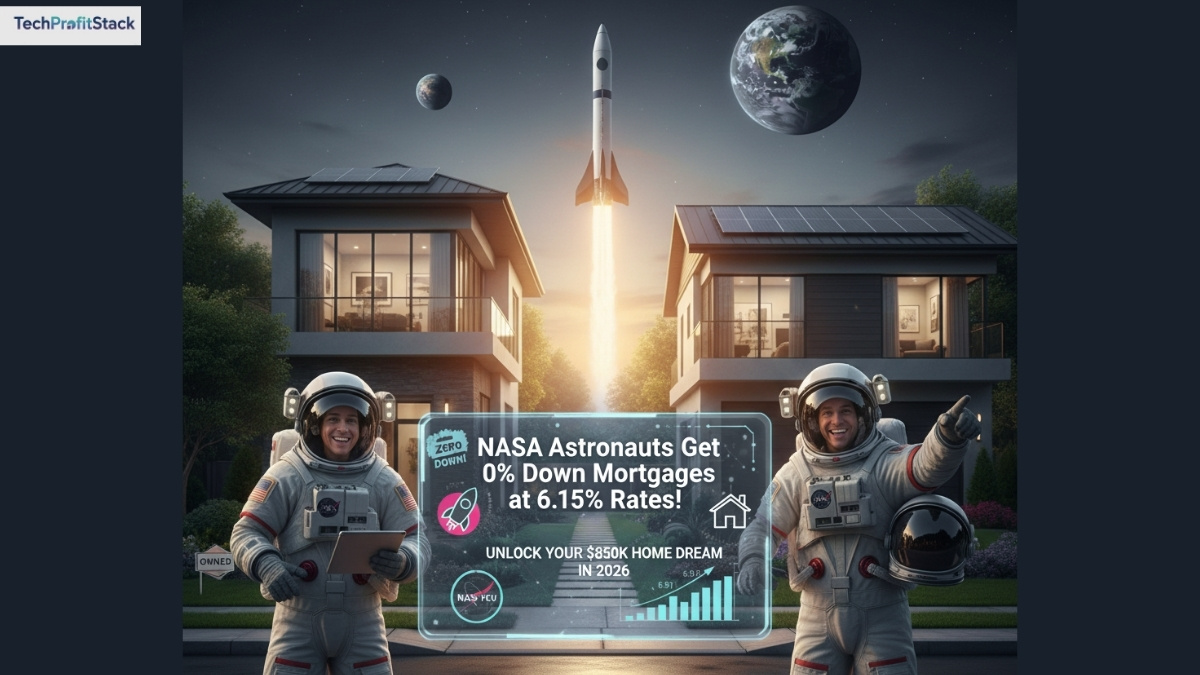 astronauts promoting 0% down payment mortgages at 6.15% rates in 2026, unlocking homeownership dreams with rocket launch and modern houses background.