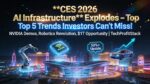 Explosive CES 2026 AI infrastructure thumbnail with Las Vegas skyline, NVIDIA chip, robot, self-driving car, and 50% stock upside chart for top tech investor trends