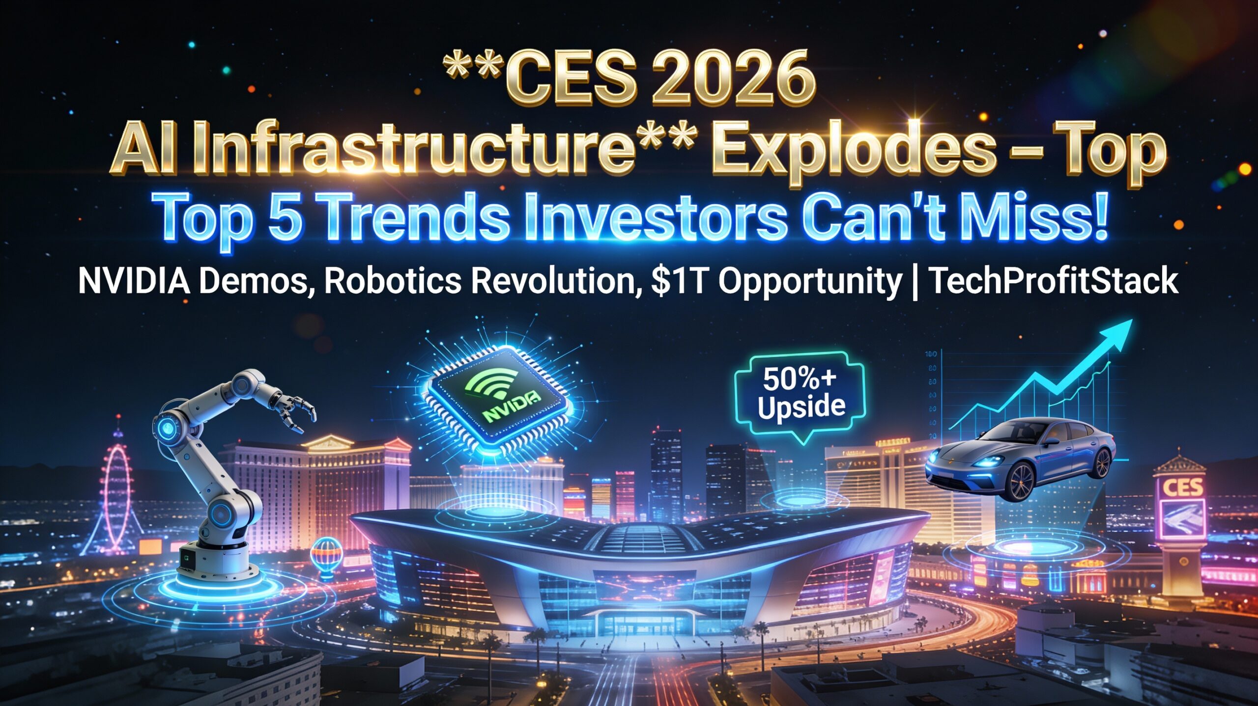 Explosive CES 2026 AI infrastructure thumbnail with Las Vegas skyline, NVIDIA chip, robot, self-driving car, and 50% stock upside chart for top tech investor trends