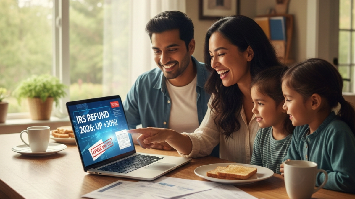 A happy family sitting at a dining table looking at a laptop showing a 2026 tax refund increase, with tax documents and coffee nearby.
