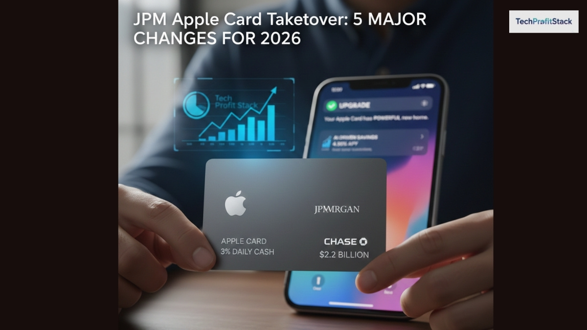 JPMorgan Chase Apple Card 2026 takeover announcement featuring the titanium card and financial growth charts.