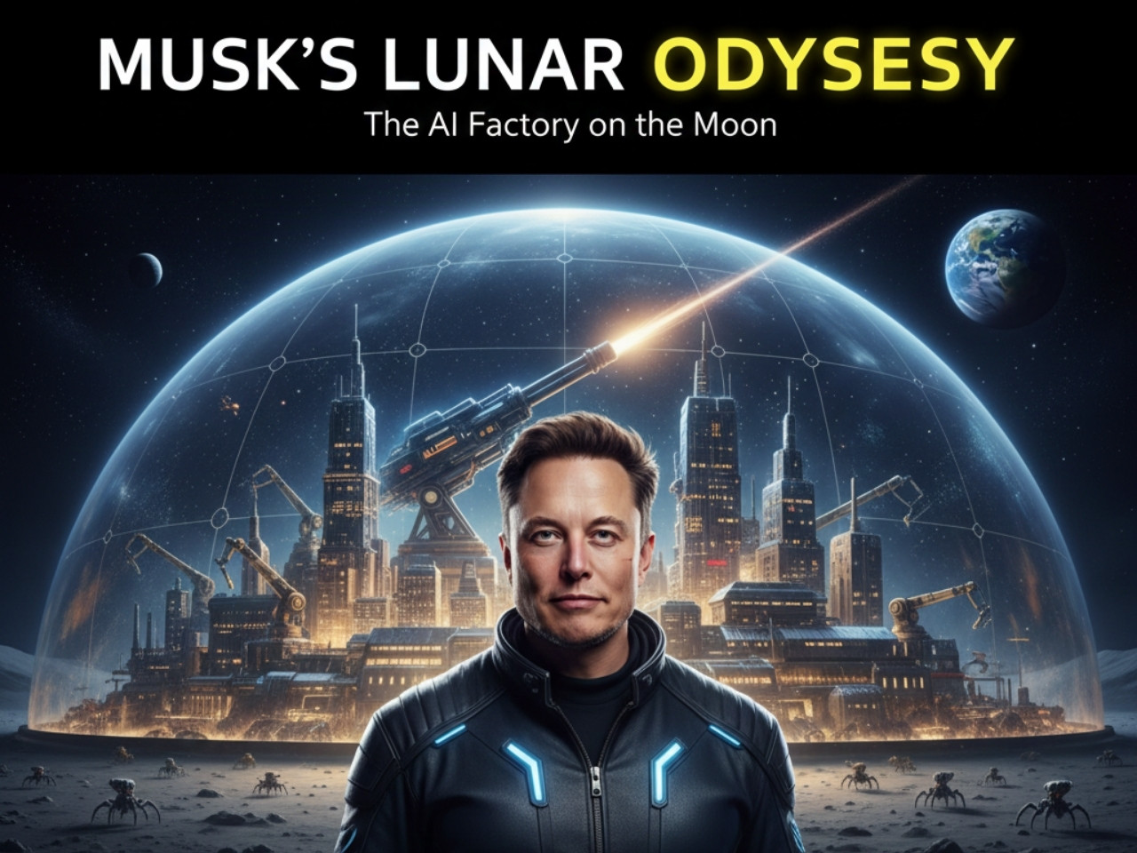 Elon Musk standing in front of a futuristic AI-powered satellite factory on the Moon's surface with an electromagnetic mass driver.