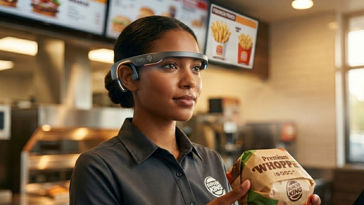 Close-up of a Burger King employee wearing the 'Patty' AI headset powered by OpenAI in a modern drive-thru kitchen.