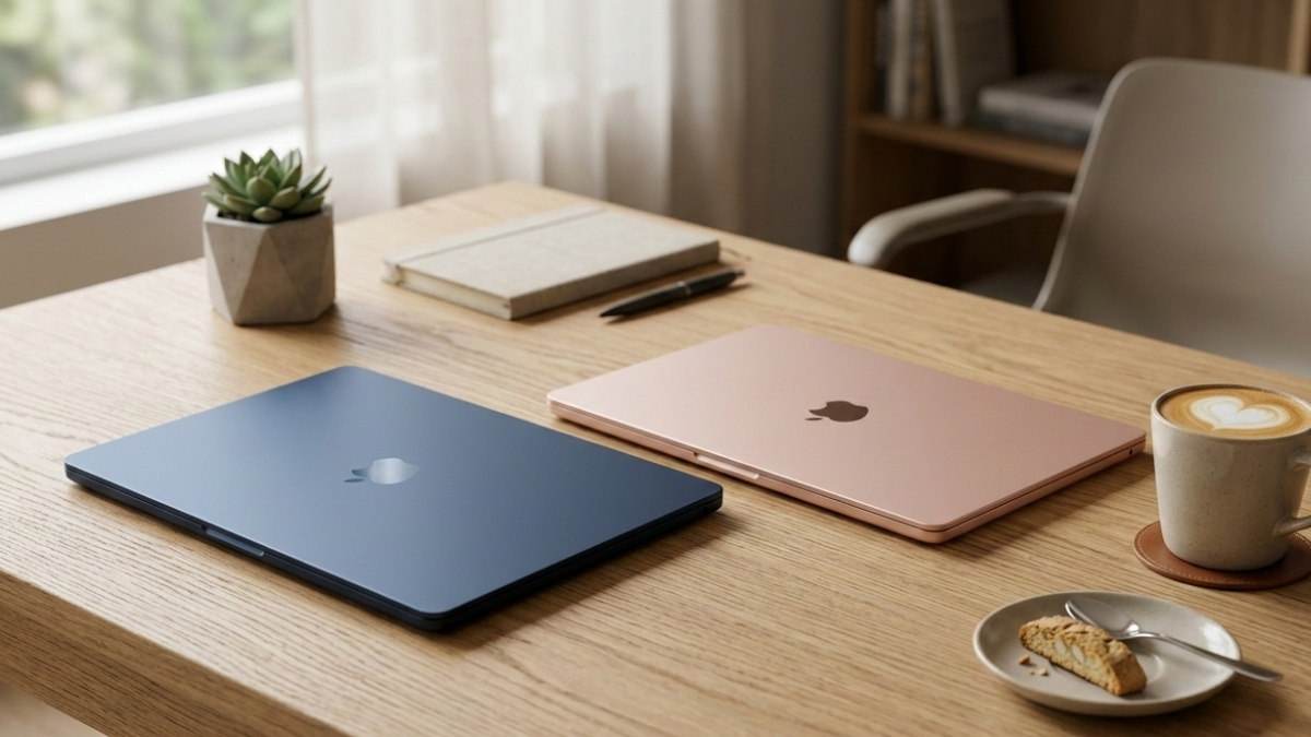 Two sleek Apple MacBook Neo laptops in Indigo and Blush colors on a minimalist wooden desk with a coffee latte, professional magazine style.