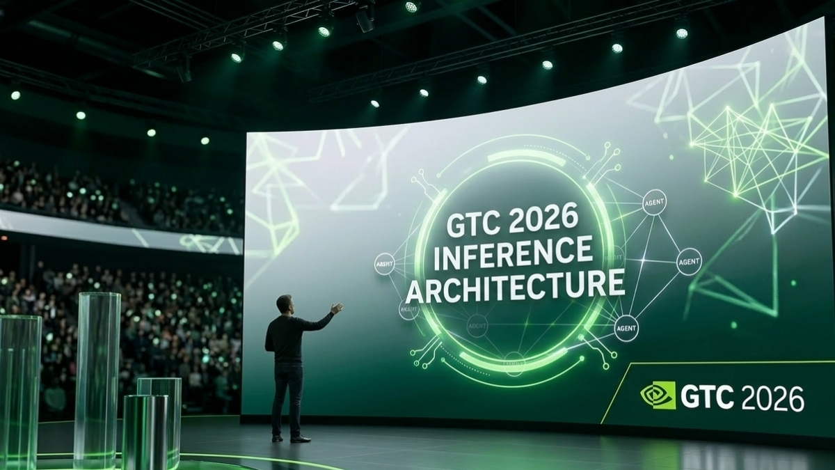 Wide-angle view of the Nvidia GTC 2026 stage showing a digital display of the Vera Rubin Inference Architecture and agentic AI nodes.