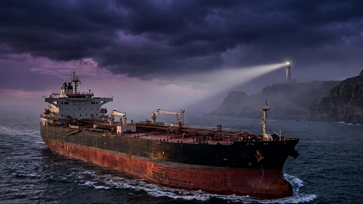 A large crude oil tanker navigating through the narrow Strait of Hormuz at dusk under a dramatic purple storm sky, representing the 2026 global energy crisis.