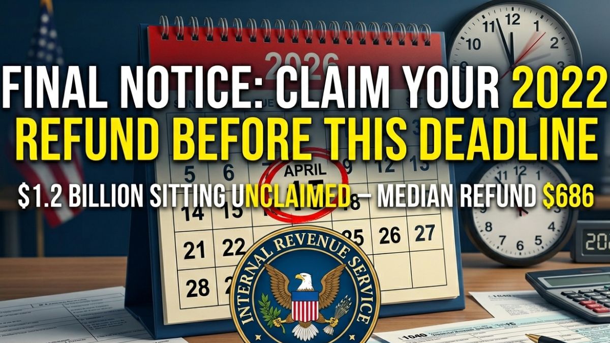 Calendar marked with the April 15, 2026 deadline next to the IRS seal, warning Americans about claiming their unclaimed IRS tax refunds from 2022.
