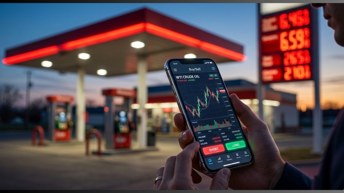 Close-up of a smartphone displaying a WTI crude oil trading dashboard with 'Buy' and 'Sell' buttons, held in front of a blurred American gas station at dusk with glowing red fuel prices.