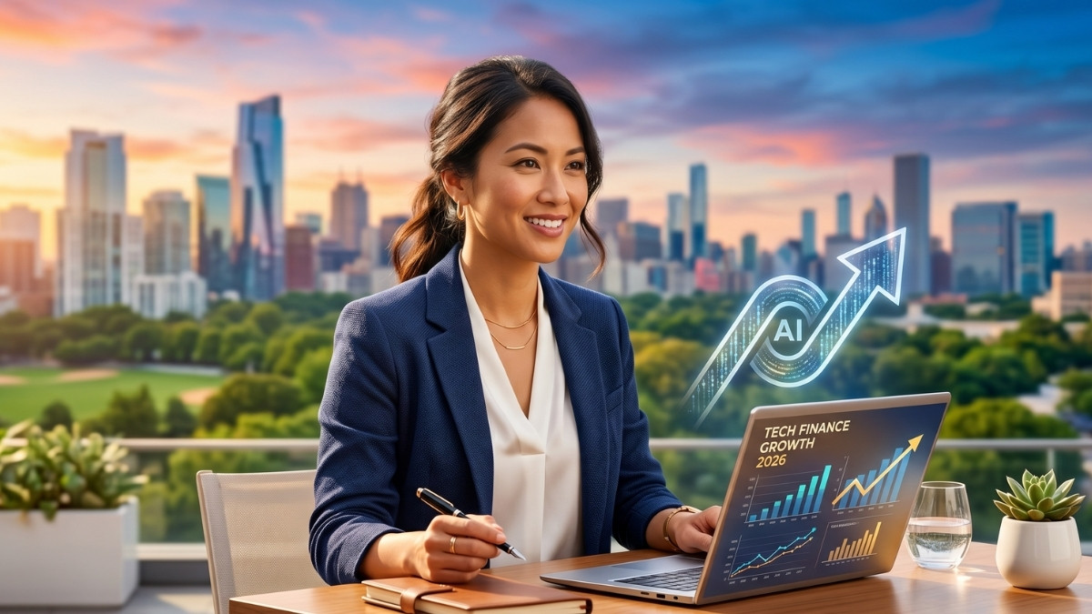 A professional woman working on a laptop showing AI finance growth charts and wealth automation systems for 2026.