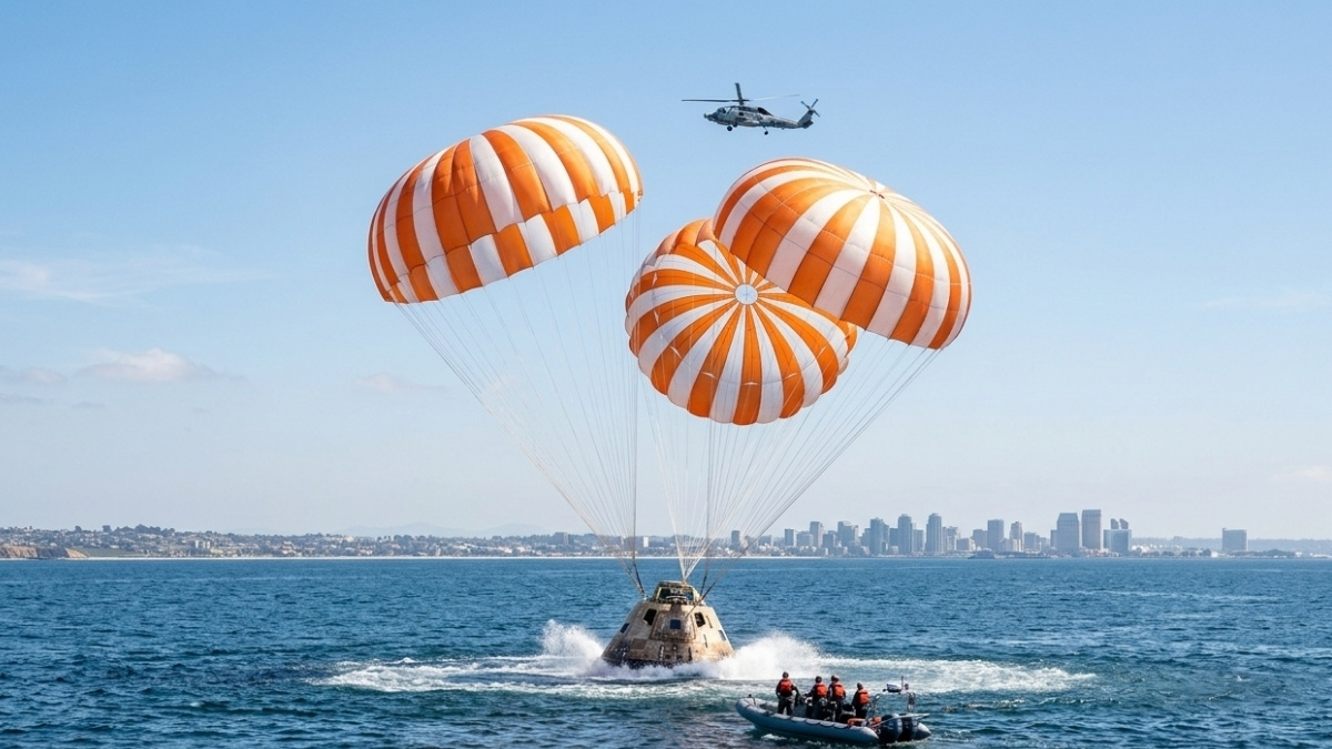 NASA Artemis 2 Orion spacecraft splashing down in the Pacific Ocean with orange parachutes deployed.