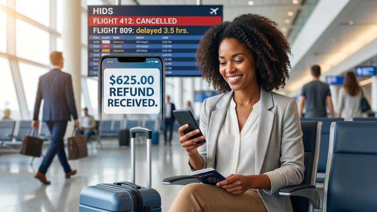 Smiling traveler at JFK airport receives $625 automatic cash refund for a canceled flight in 2026.