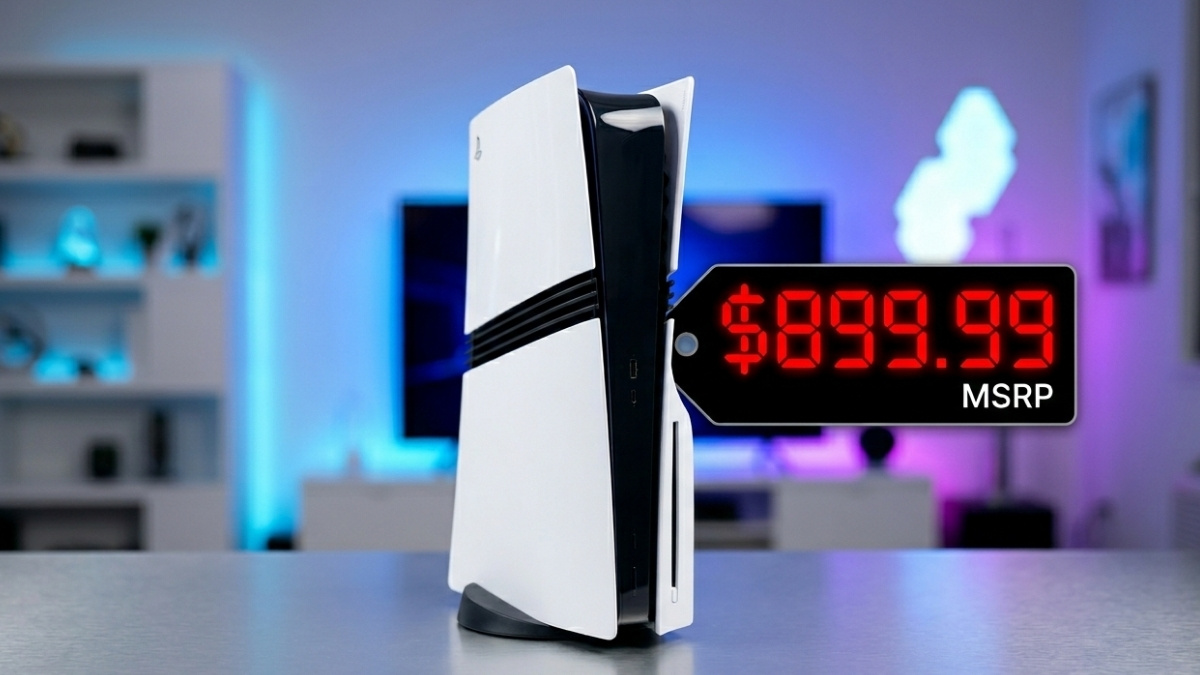 High-definition shot of PlayStation 5 Pro console with a digital $899.99 price tag highlighting the 2026 cost increase.