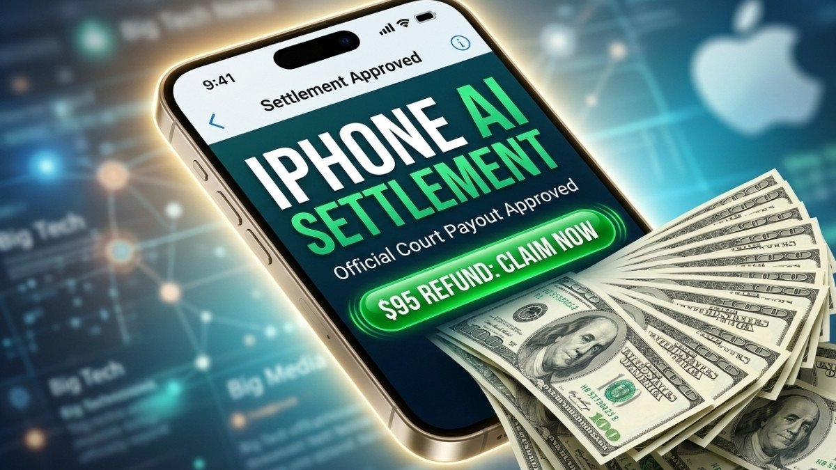 Close-up of an iPhone screen displaying the "iPhone AI Settlement $95 Refund Claim Now" notification, surrounded by a stack of vibrant US hundred-dollar bills.