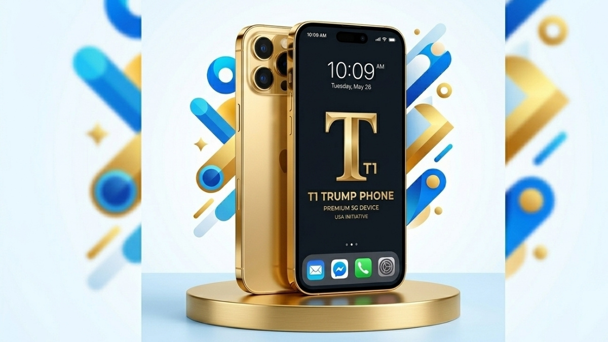 Close-up product shot of the gold T1 Trump Phone, clearly showing the 'T' logo and 'T1' model name on the screen, resting on a pedestal.