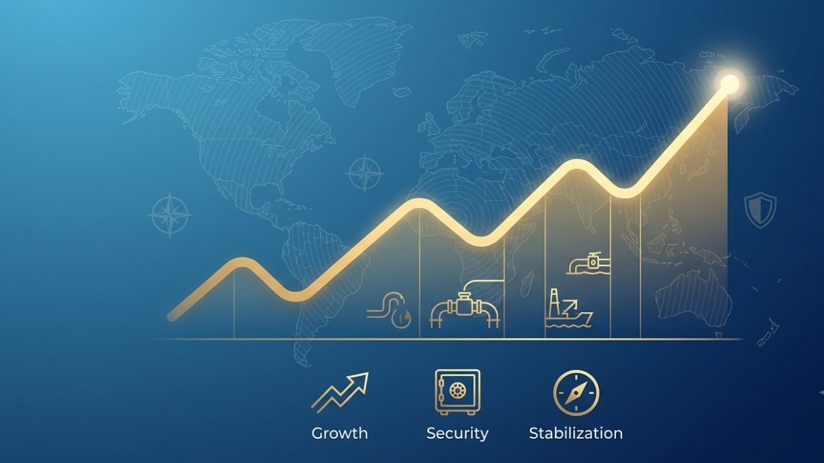 An abstract global economic chart featuring a rising golden trendline across a world map background, symbolizing market stabilization and economic growth amidst geopolitical risks.