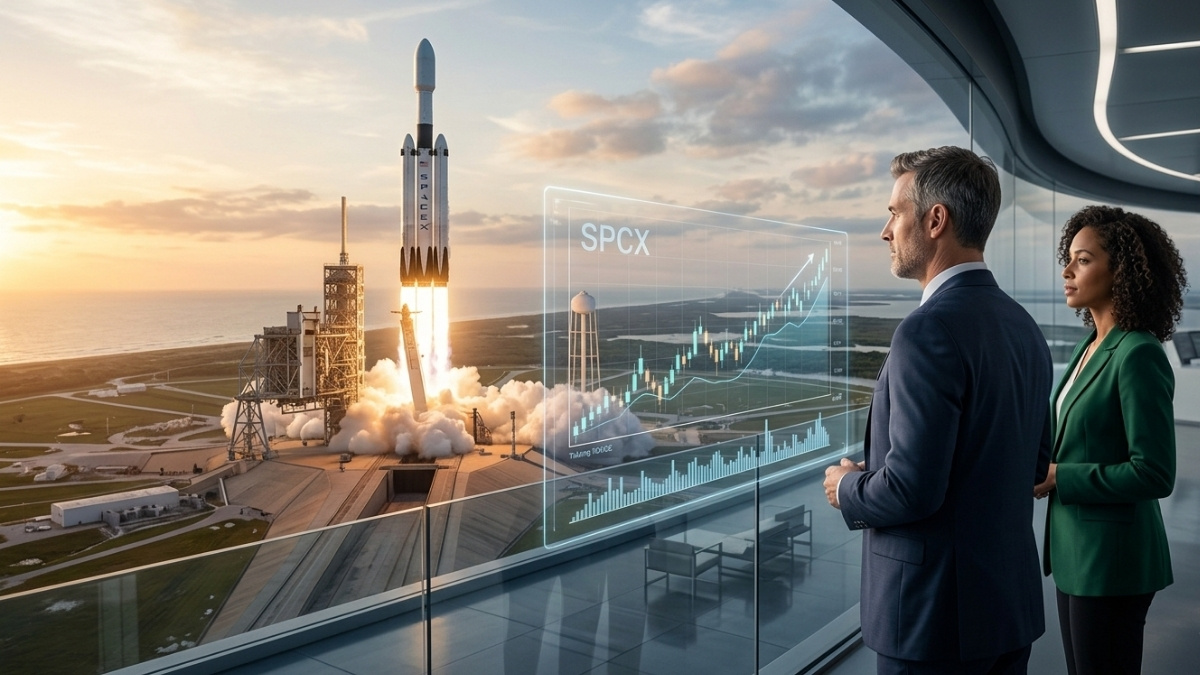 SpaceX Falcon 9 rocket launching during golden hour, illustrating the SpaceX Stock (SPCX) IPO market debut