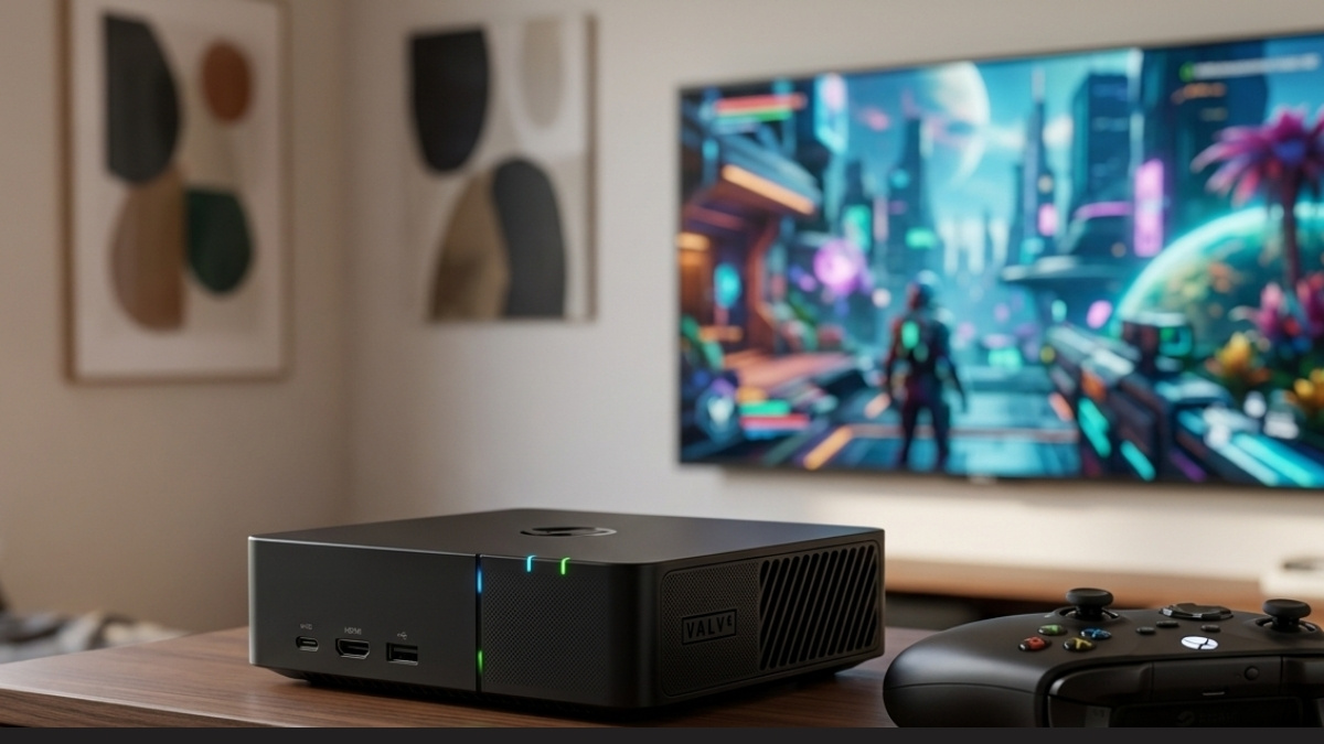 A high-vibrant close-up of a modern Steam Machine console and a wireless controller with a futuristic game on a TV in a living room.