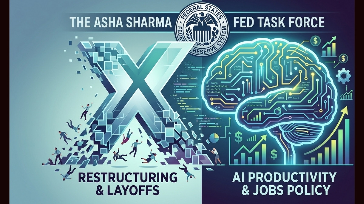A conceptual image visualizing the intersection of major technology sector layoffs and Federal Reserve AI workforce policy. The illustration shows a crumbling digital 'X' and a glowing AI brain separated by the Federal Reserve seal, highlighting the conflicting forces of corporate restructuring and national economic productivity in the age of automation.